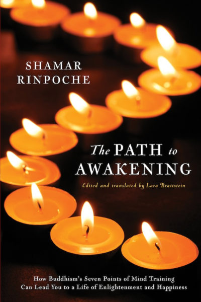 a book cover for The Path to Awakening, showing text and a curving line of candles